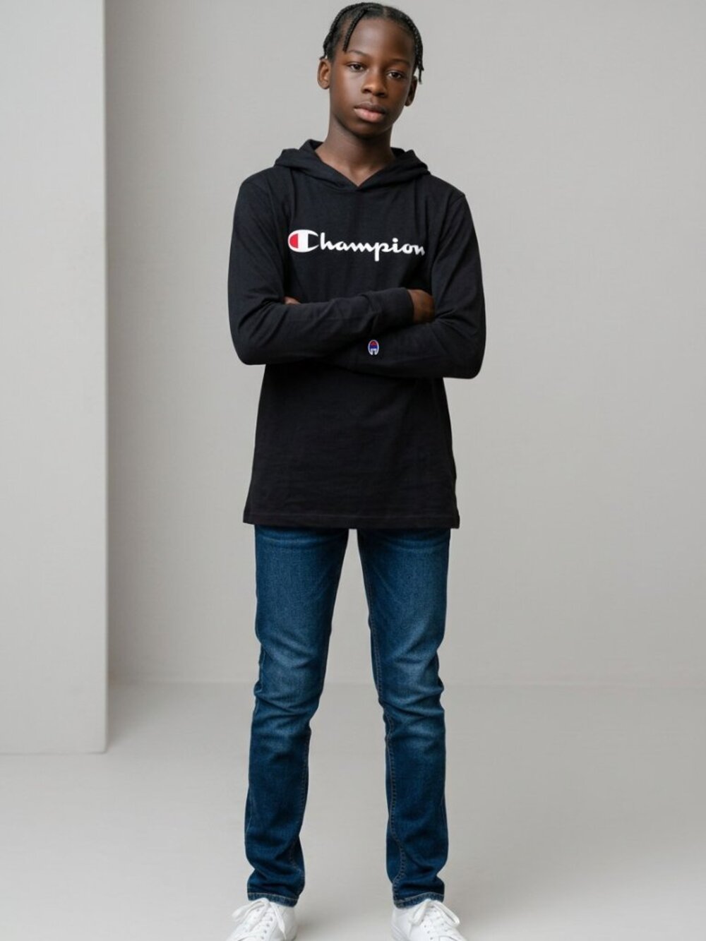 Youth Champion Black Long Sleeve Hoodie with White & Red Logo